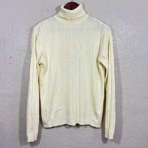 Vtg 90s Cable Knit Turtleneck Sweater Medium Pastel Yellow Old Money 100% Cotton